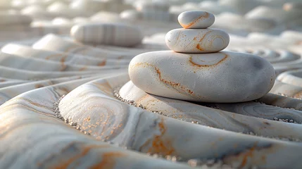 Fotobehang Close-Up of Stacked Zen Stones on Raked Sand with Circular Patterns © TechnoMango