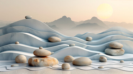 Serenity at Sunrise: Stacked Stones on Wavy Sand Dunes with Mountain Backdrop