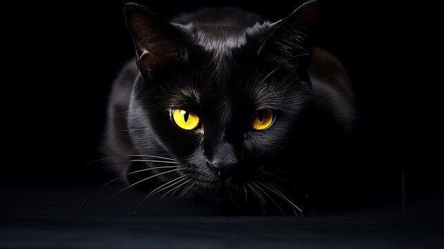 A black cat with yellow eyes.