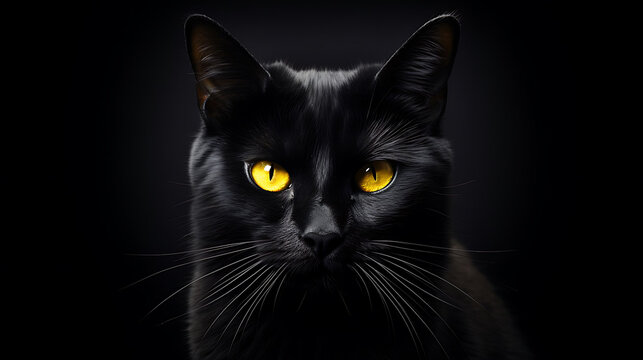 A black cat with yellow eyes.