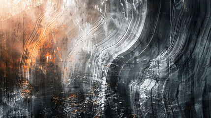 Grey and black waves cascade across a textured backdrop, offering a color gradient rough abstract appeal. Bright light and glow enhance, grungy texture