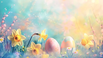 easter pastel background with colurful eggs and daffodills