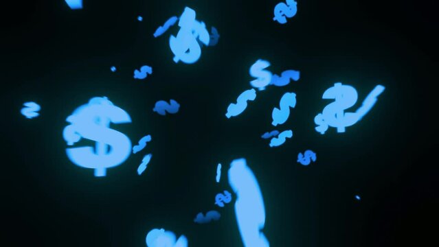 animierte blaue fliegende leuchtende Dollarzeichen, USD, Reichtum, Gewinn, Kosten, Zinsen, Rabatt, Sonderangebot, Geld, Perspektive, besonders, Bewegung, Highlight, schwarz, Hintergrund, 3D, neon