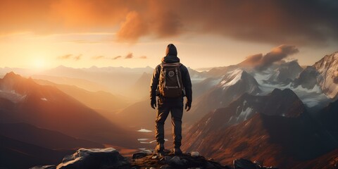 Adventurous man contemplates stunning sunset atop mountain peak Striking D visualization. Concept Nature Photography, Mountain Top Sunset, Adventure, Visualization, Stunning Landscape