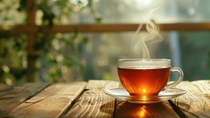 Cup of tea with steam on a wooden table