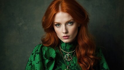 Elegant red-haired woman in green