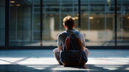 Person sitting alone with a backpack looking at a building - obrazy, fototapety, plakaty