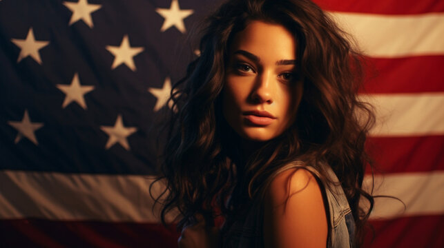 Young woman against the background of the American flag. USA Independence Day, July 4th. Patiotic Holiday