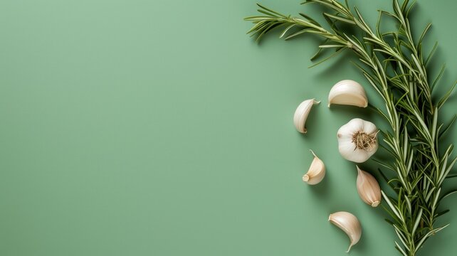 Garlic cloves and rosemary on a green background