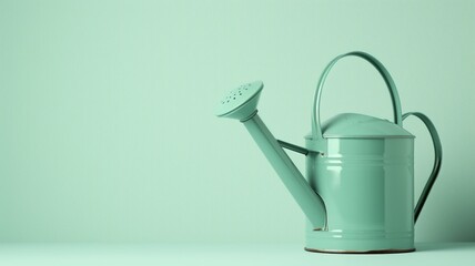 A vintage light green watering can on a pastel background