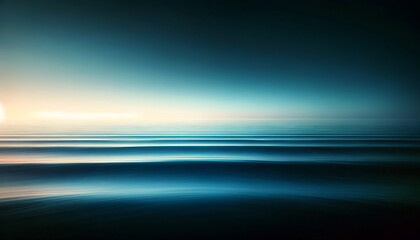 Minimalist seascape with smooth water surface, under a blue sky, in twilight, creating a calm and serene atmosphere.Nature's calm concept.AI generated.