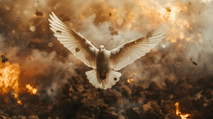 white dove of peace flying over exploding battlefield, social criticism, symbol, stop war - obrazy, fototapety, plakaty