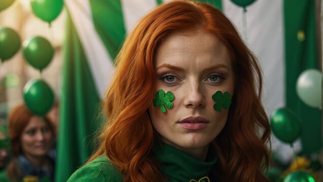 red-haired woman with a shamrock on her face