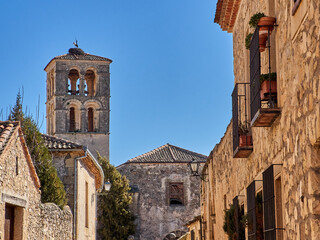 Church of San Juan Bautista with a bell tower in Pedraza, a medieval village in the province of Segovia. Castilla León, Spain, Europe