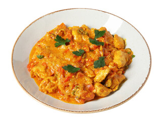 Delicious chicken curry with parsley isolated on white