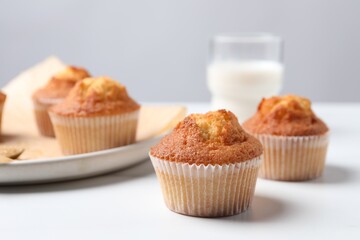 Delicious sweet muffins on white table, closeup. Space for text