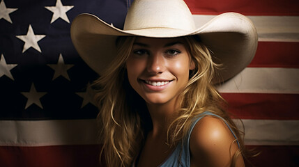 Young woman in a cowboy hat against the background of the American flag. USA Independence Day, July 4th. Patiotic Holiday