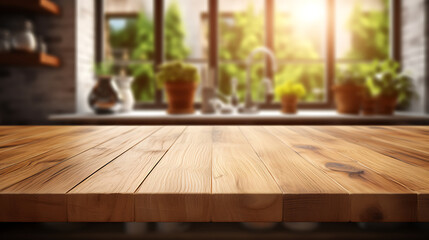 Wooden texture table top on blurred kitchen window background. Studio photo for product display or design key visual layout. For showcase or montage your items (or foods). Mock up