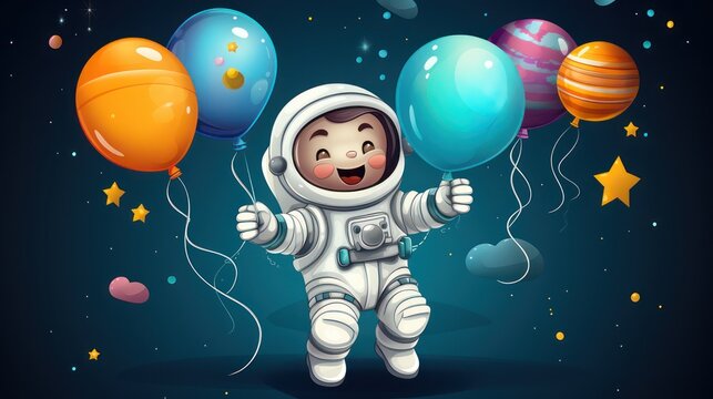 Children's cartoon astronaut themed birthday greeting card illustration design. Copy space text template.	