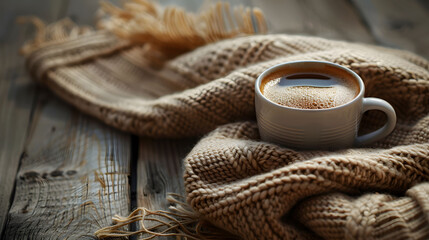 cozy cup of coffee and warm scarf on wooden deck surface, winter autumn moment at home