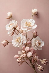 White flowers on dusty pink background. Aesthetic Botanical poster, floral card. Minimalism