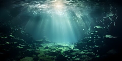 Exploring the enigmatic underwater voids that resemble entrances to underground caverns sparks curiosity. Concept Underwater Exploration, Underwater Caverns, Curiosity, Enigma, Mysteries of the Deep - obrazy, fototapety, plakaty