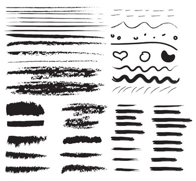 Hand-drawn brush raw textured shapes. Black ink random hand drawn scribbles set isolated on white background. Vector illustration