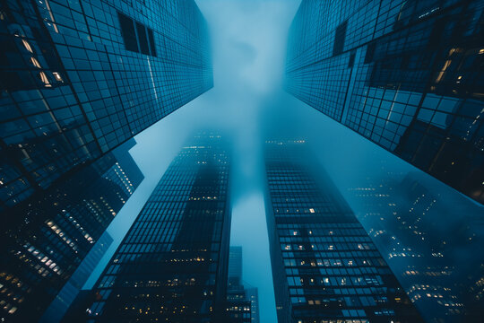 Business dynamic high-rise financial buildings in a long exposure in blue dark tones emphasizing the elegance and verticality of urban architecture background - Powered by Adobe
