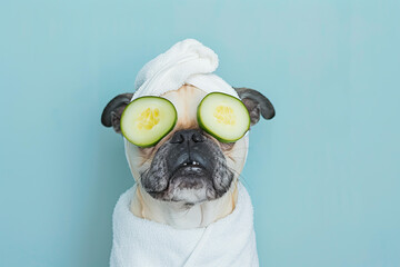 A dog with a cucumber eye mask and a towel on his head relaxes during a spa treatment. 