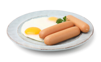 Delicious boiled sausages, fried eggs and parsley isolated on white
