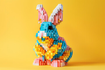 
Easter bunny built from plastic constructor bricks isolated on yellow background