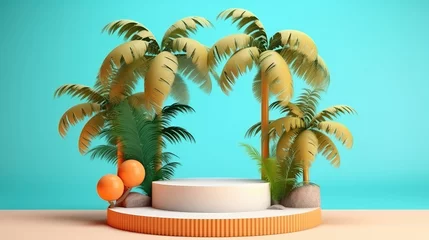 Rolgordijnen Podium with tropical palms © neirfy
