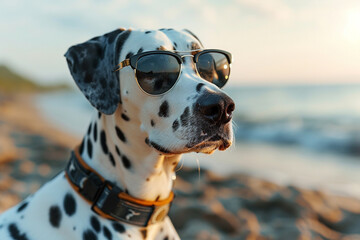 dalmatian with sunglasses at a beach. summer holidays concept. generative ai.