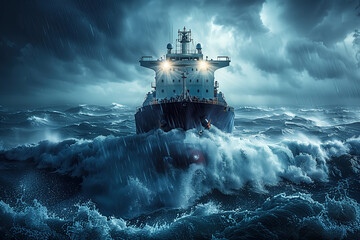 A huge LNG tanker ship sailing through a stormy ocean. The concept of marine insurance.