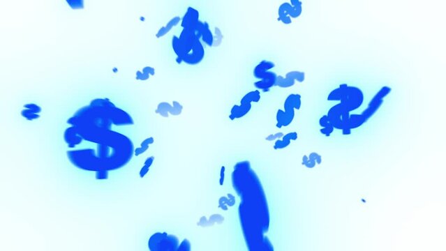 animierte blaue fliegende leuchtende Dollarzeichen, USD, Reichtum, Gewinn, Kosten, Zinsen, Rabatt, Sonderangebot, Geld, Perspektive, besonders, Bewegung, Highlight, schwarz, Hintergrund, 3D, neon