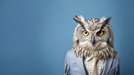 Anthropomorphic owl in a business suit pretending to work in a corporate setting, with copy space