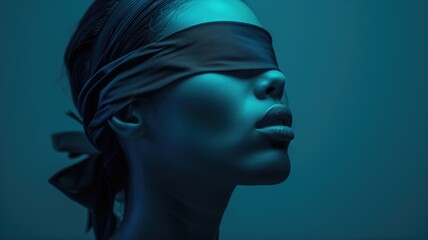 Woman with blue skin and a blindfold, high contrast