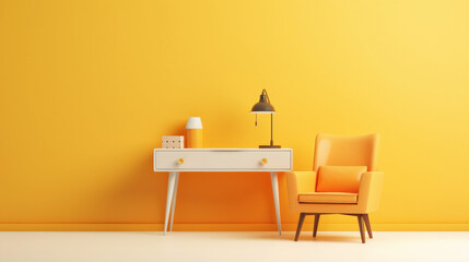 escritorio blanco con lámpara junto a un sofá amarillo, sobre pared amarilla y suelo de madera, con espacio vací para publicidad