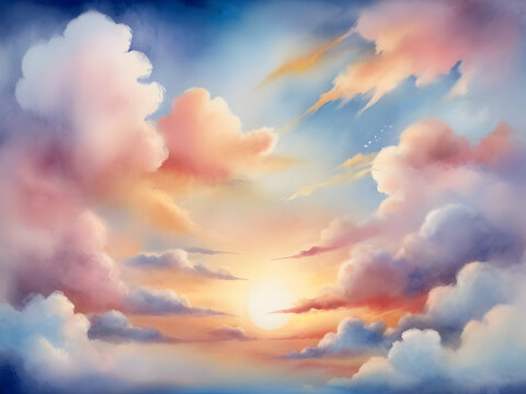 sky clouds background with watercolor pastels, sky with abstract sunset with puffy clouds, abstract painting banner,