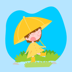Rainy Day, Cute girl with umbrella in the rain for poster kids 