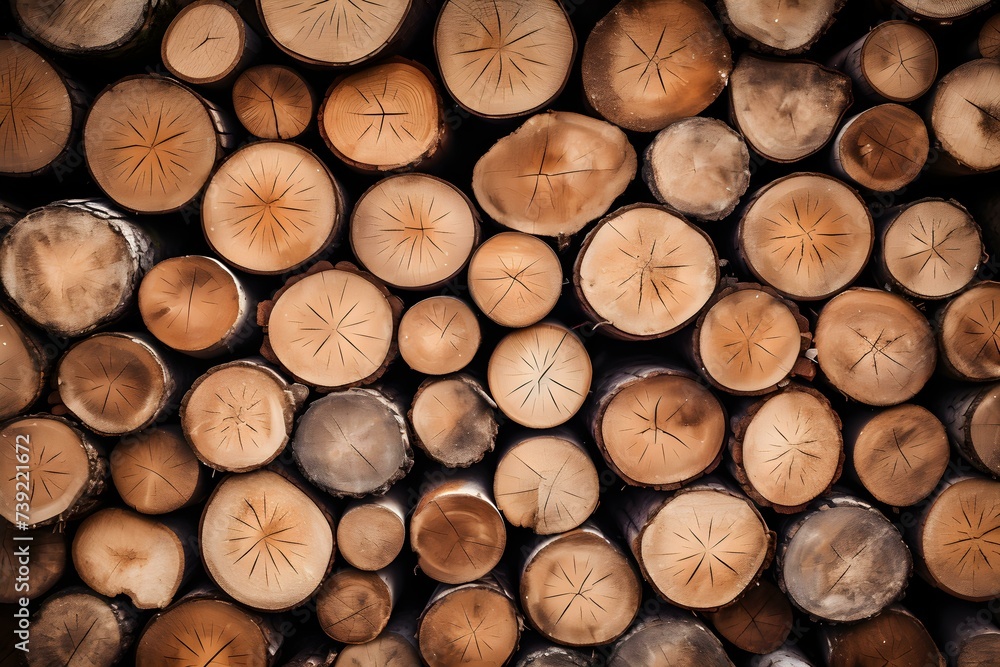 Poster creating texture: a background of stacked wooden logs and natural tree trunks. concept texture, stac
