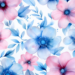 Wild Flowers bloom watercolor blue and pink pattern
