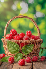 Fototapeta na wymiar Wicker basket with organic summer red raspberry and green leaves on a wooden table in a garden against a green natural background. Copy space.