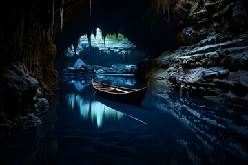 Immersed in darkness a striking blue underground lake captivates our gaze. Concept Darkness, Underground, Blue Lake, Striking, Captivating - obrazy, fototapety, plakaty
