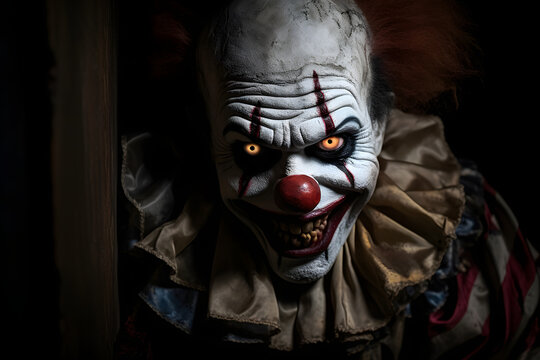 Terrifying Clown Character - A Spine-Tingling Photo Banner Unveiling the Sinister Presence in the Shadows.