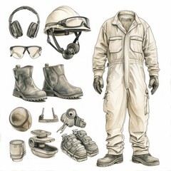 Safety Gear , Safety equipment and health. Helmet , safety glasses, coverall, ear plugs, safety shoes  - obrazy, fototapety, plakaty