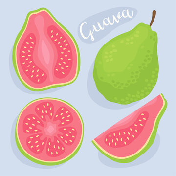 Guava. Pink guava, green guava. Half, slice and whole of fresh  guava. Guajava. 