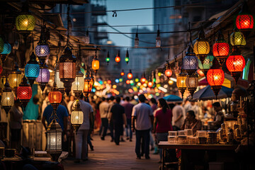 Ramadan night market glows with vibrant lights, lanterns casting a colorful spell, a lively celebration beneath the starlit canopy