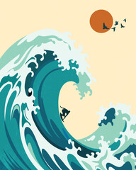 Big ocean wave and tropical island and surfing . Vector illustration background