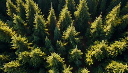 Spruce landscape from a breathtaking aerial perspective showcase the symmetrical patterns of the dense forest canopy, with sunlight filtering through in golden shafts
